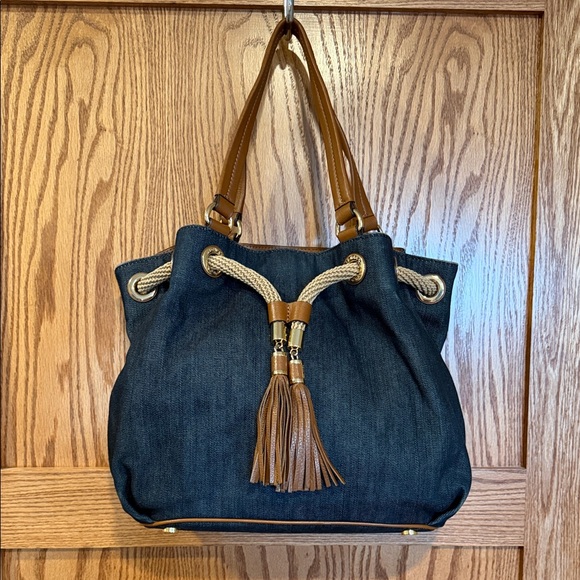 Michael Kors Denim and Tan Shoulder Bucket Bag EUC